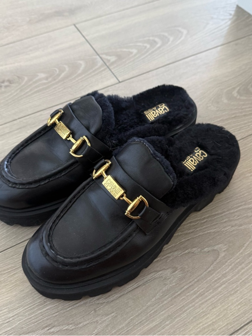 Cavalli Class Black Faux Fur-Lined Loafer Mules with Gold Hardware